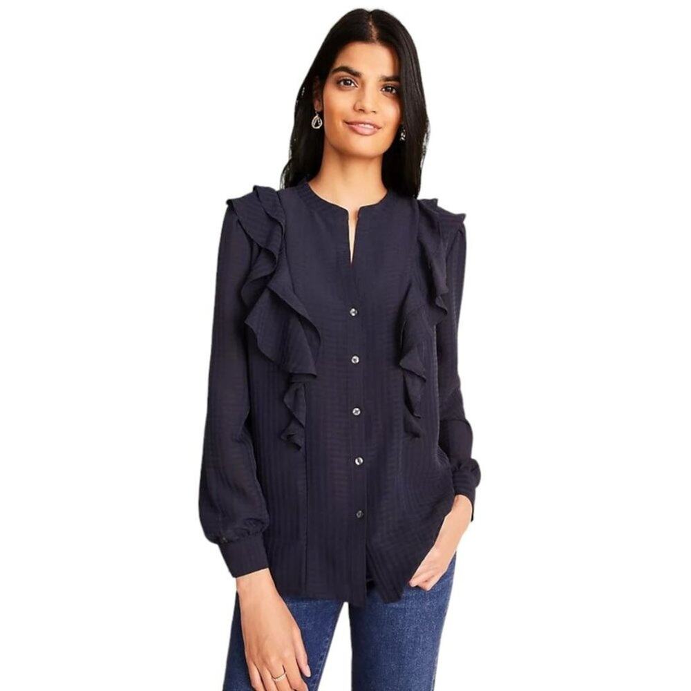 Ann Taylor Navy Blue Jacquard V-Neck Ruffle Button Down Popover Blouse Size M